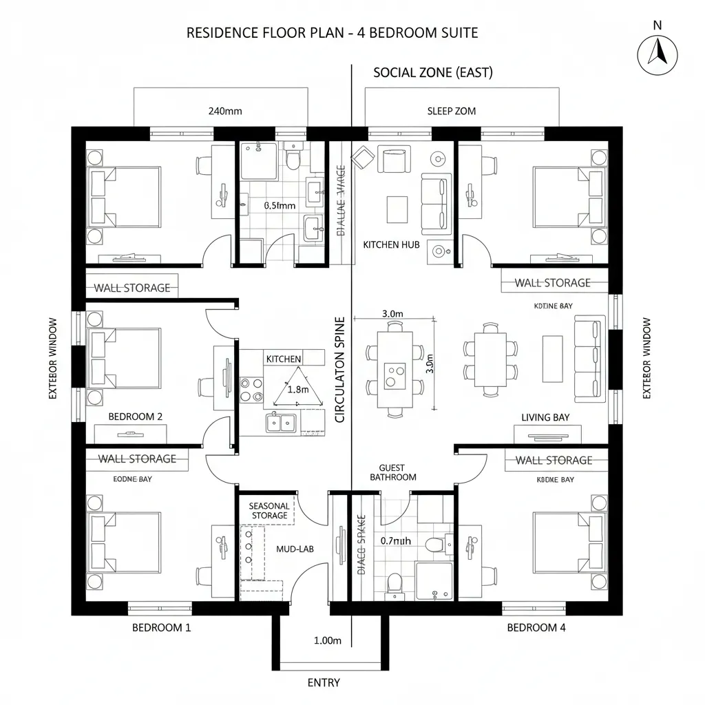 Top-down CAD plan with a central spine and zoned living and sleep areas