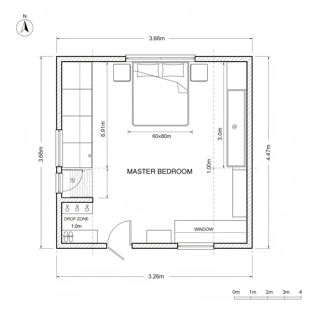 Top-down CAD plan of a 12x14 bedroom with east window and north-south spine