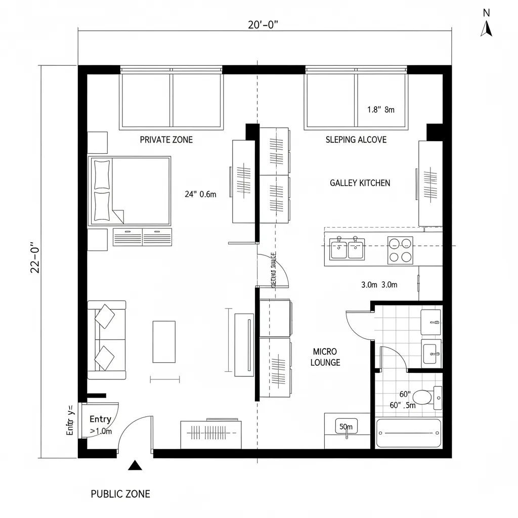 Black and white floor plan of a small studio apartment featuring bedroom kitchen and bathroom