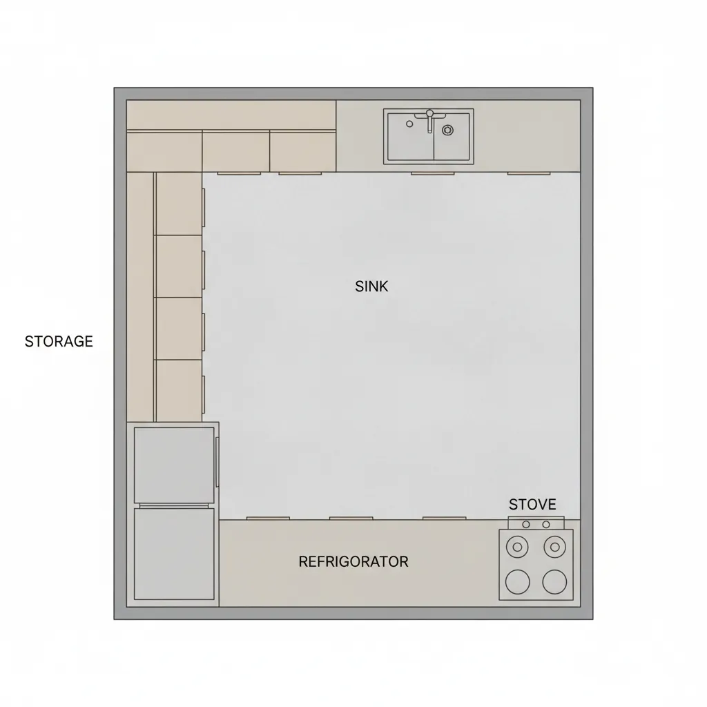 kitchen zoning layout showing stove sink and storage positions for vastu