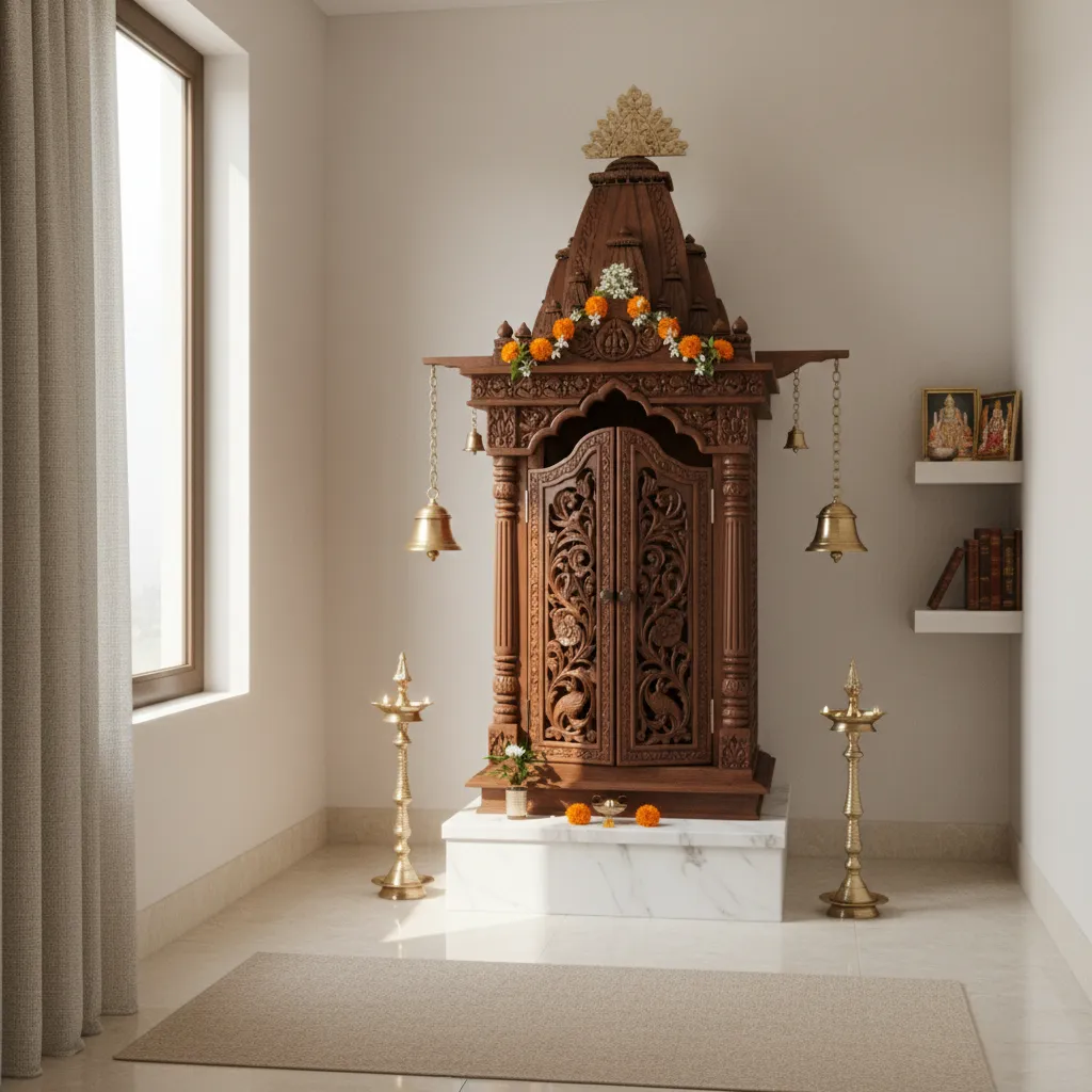 Home pooja room located in northeast corner with wooden temple and natural light