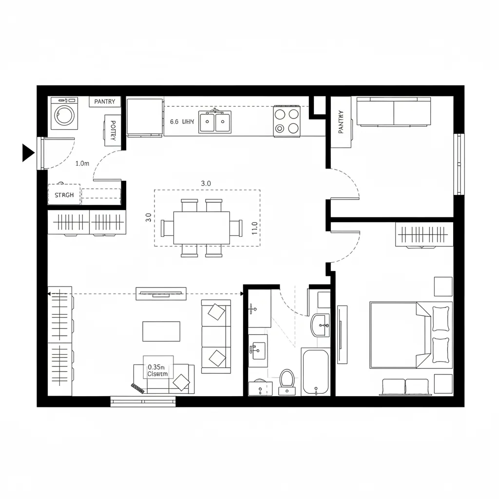 Top-down CAD plan with north kitchen bar and central spine circulation