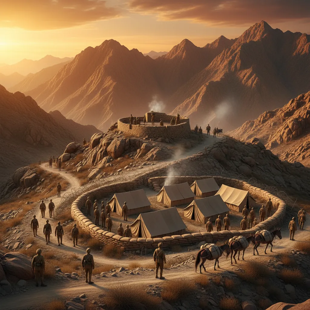 British Indian Army troops positioned in mountainous North West Frontier defensive landscape