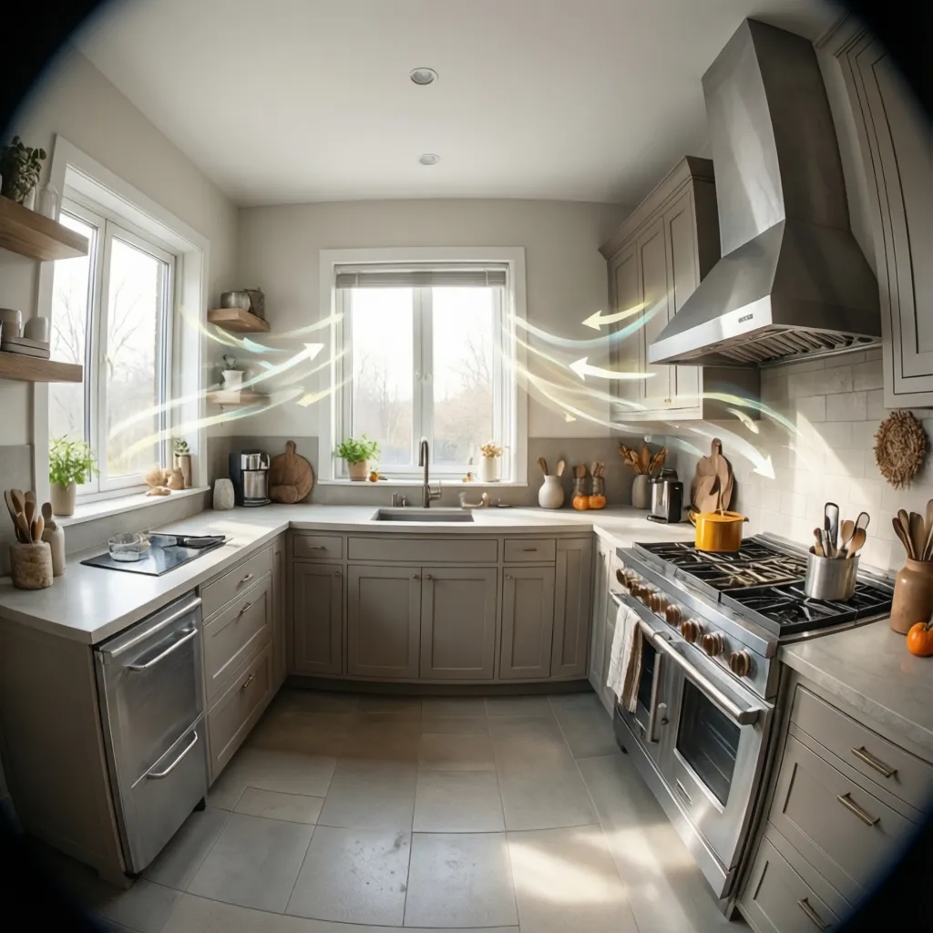 Northwest kitchen with windows showing cross ventilation airflow