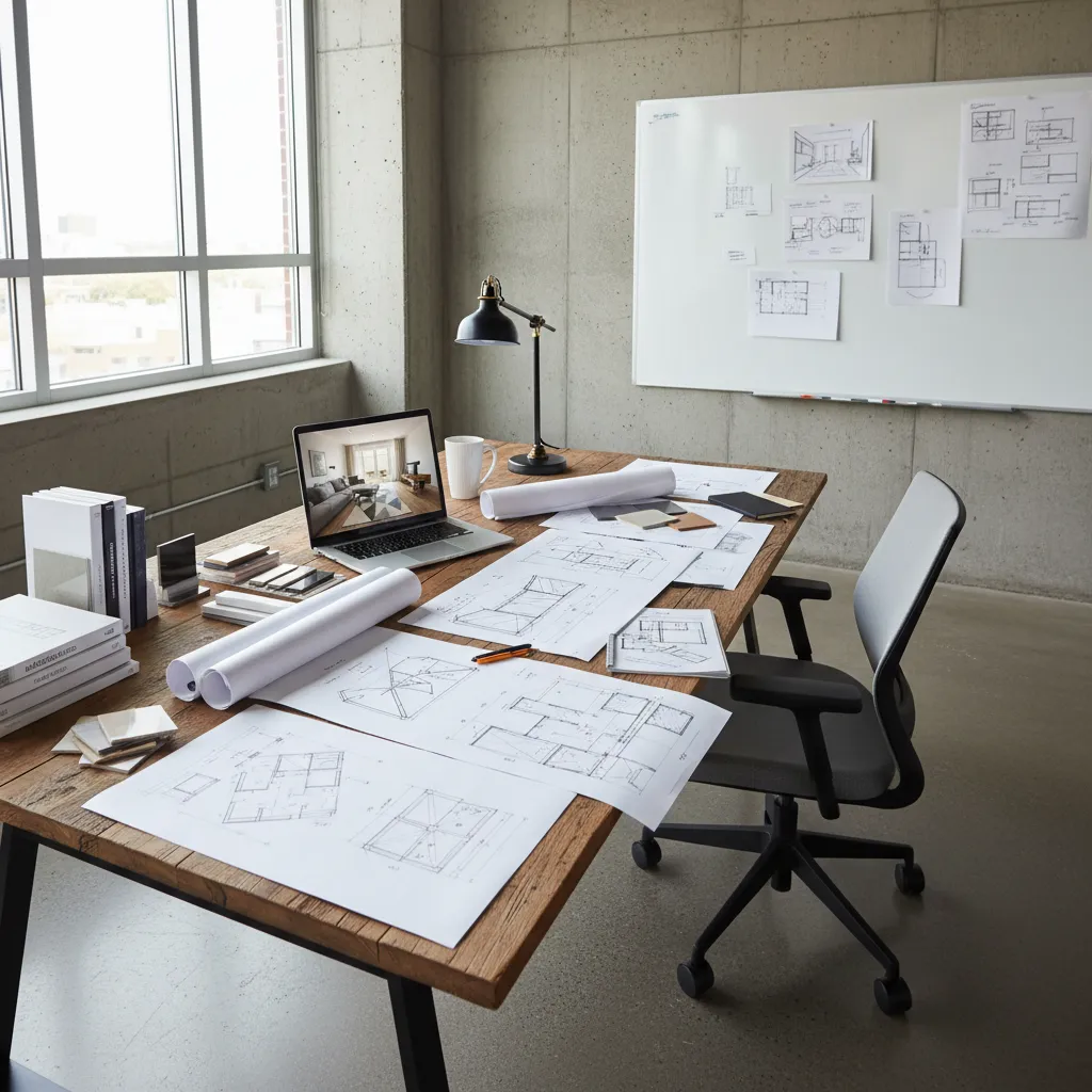 Interior design workspace with laptop showing interior design drawing and floor plan layout paper sketches