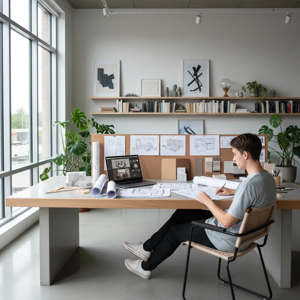 Designer sketching interior design drawing on large desk with laptop floor plans and green plants