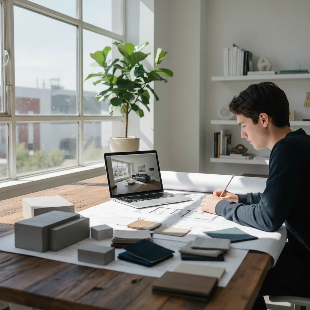 Male designer using a laptop showing an interior design drawing while sketching on paper layouts