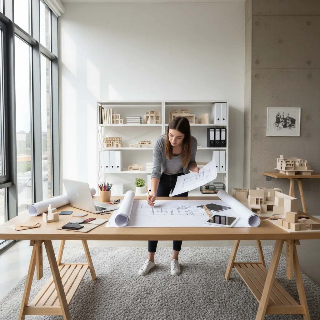 Woman working on paper floor plan at large wooden table with house models and laptop