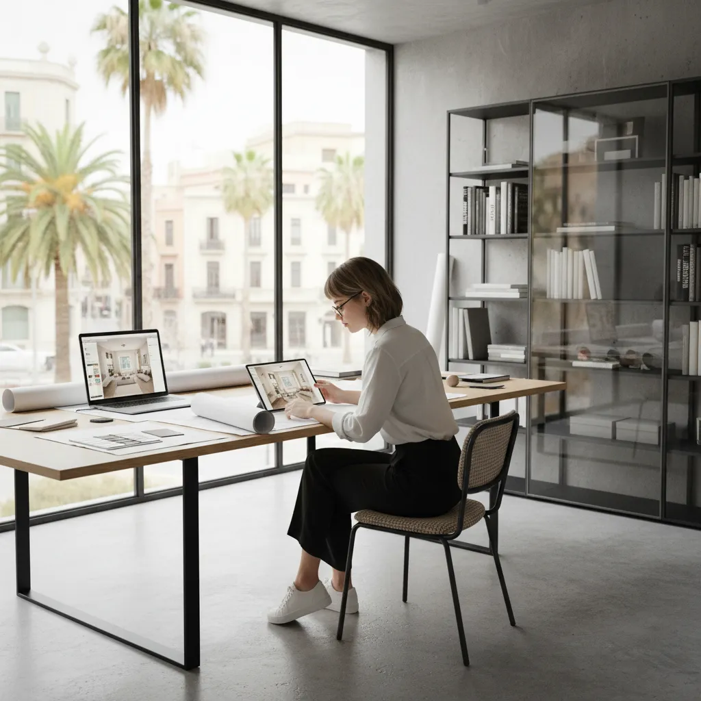 Woman using laptop and tablet to create interior design projects in a bright modern office