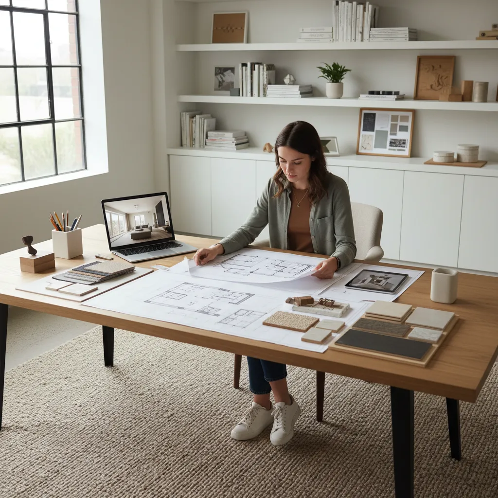 Woman designer reviewing paper floor plans at a wooden desk with laptop and material samples