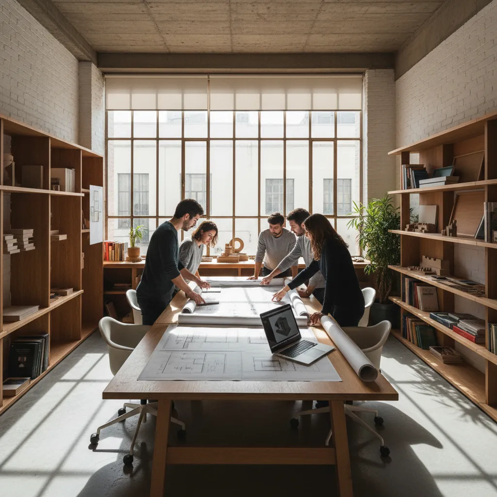 Team of interior designers working together on paper floor plans around a large wooden table