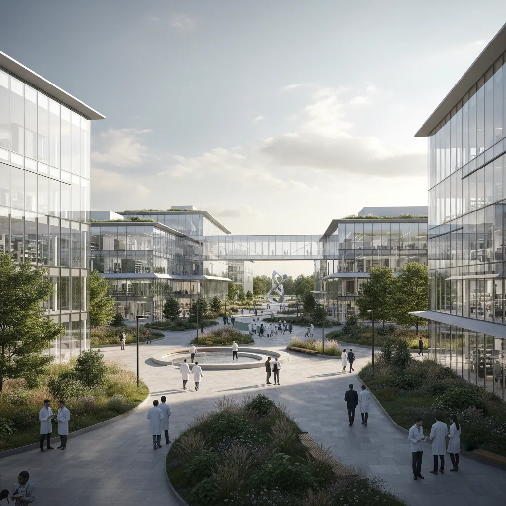 innovative pharmaceutical campus with multiple modern research buildings and open plazas