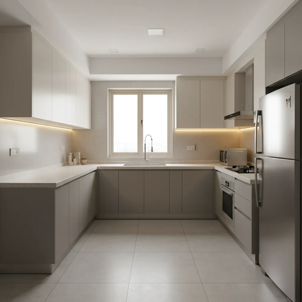 Minimalist kitchen with beige cabinets, under cabinet lighting, large fridge, sink, and a central window
