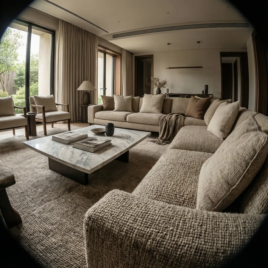 Luxury neutral living room showing bouclé sofa, travertine table, and linen textures