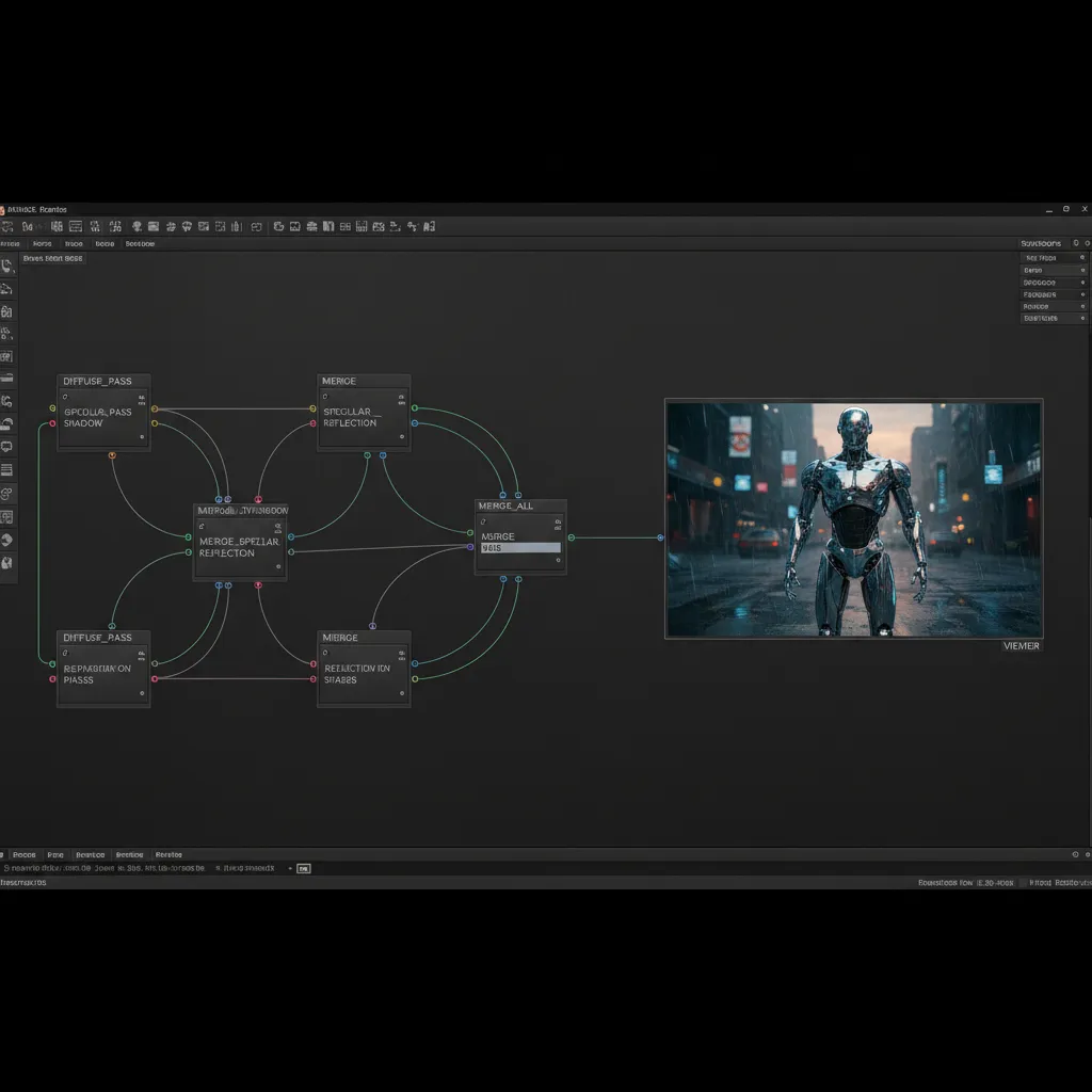 Node graph showing how render passes merge to rebuild the final beauty image in Nuke