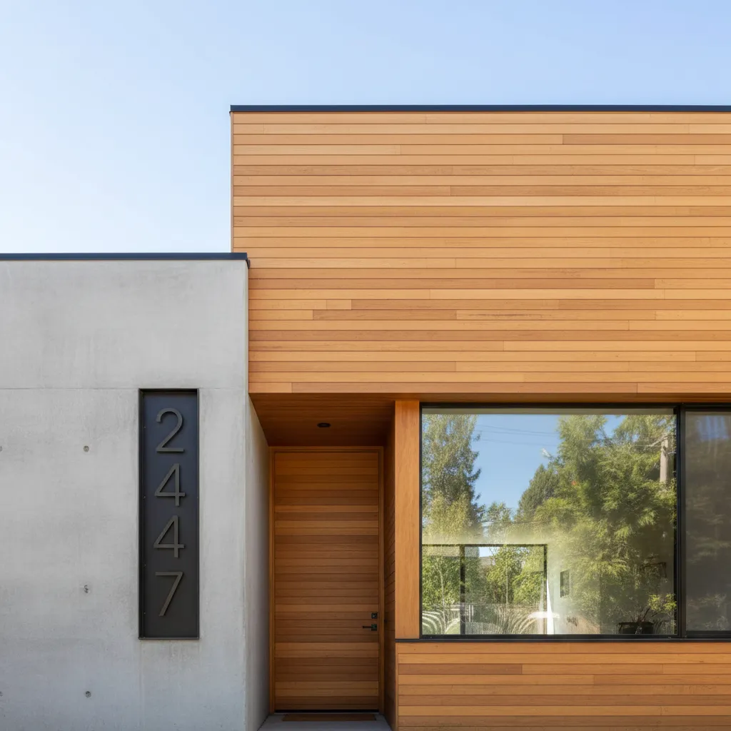 Número de casa minimalista integrado en diseño de fachada