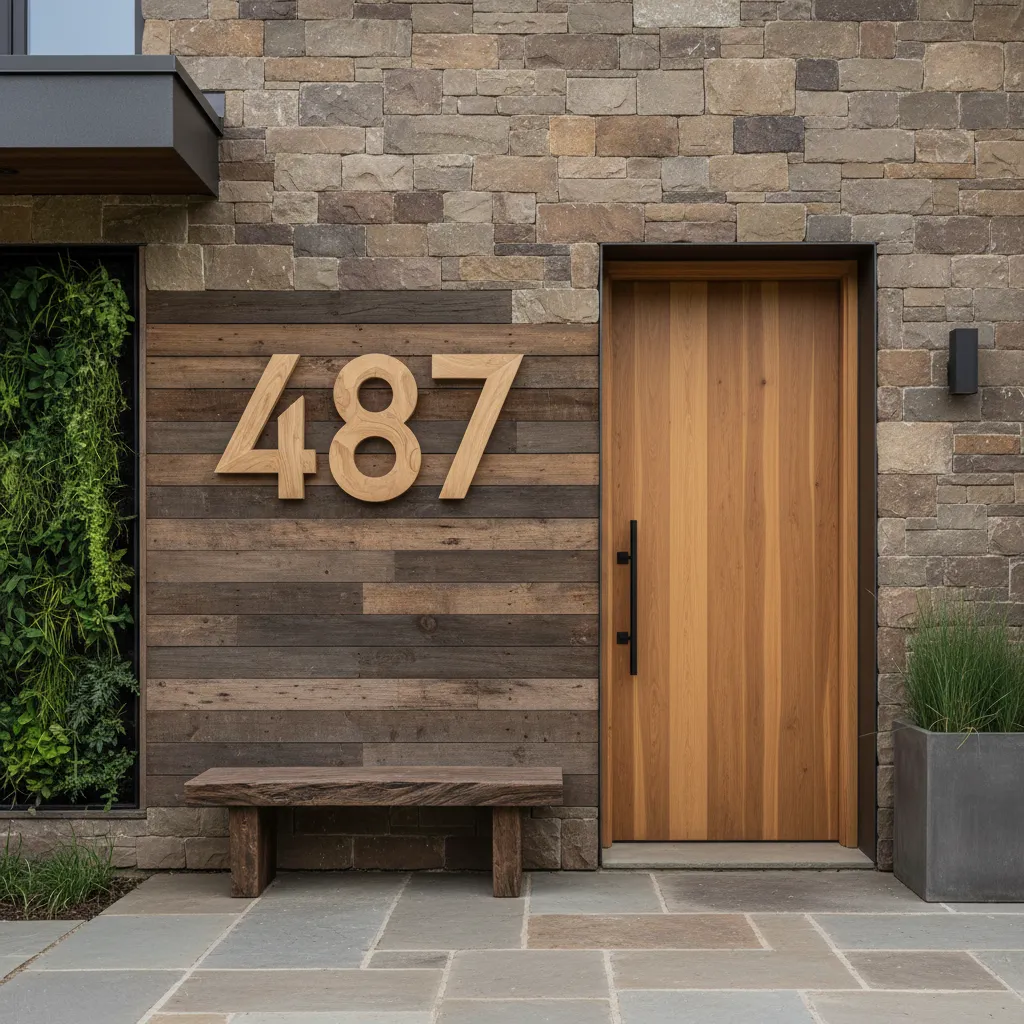 Números de madera instalados en una pared exterior con estilo natural