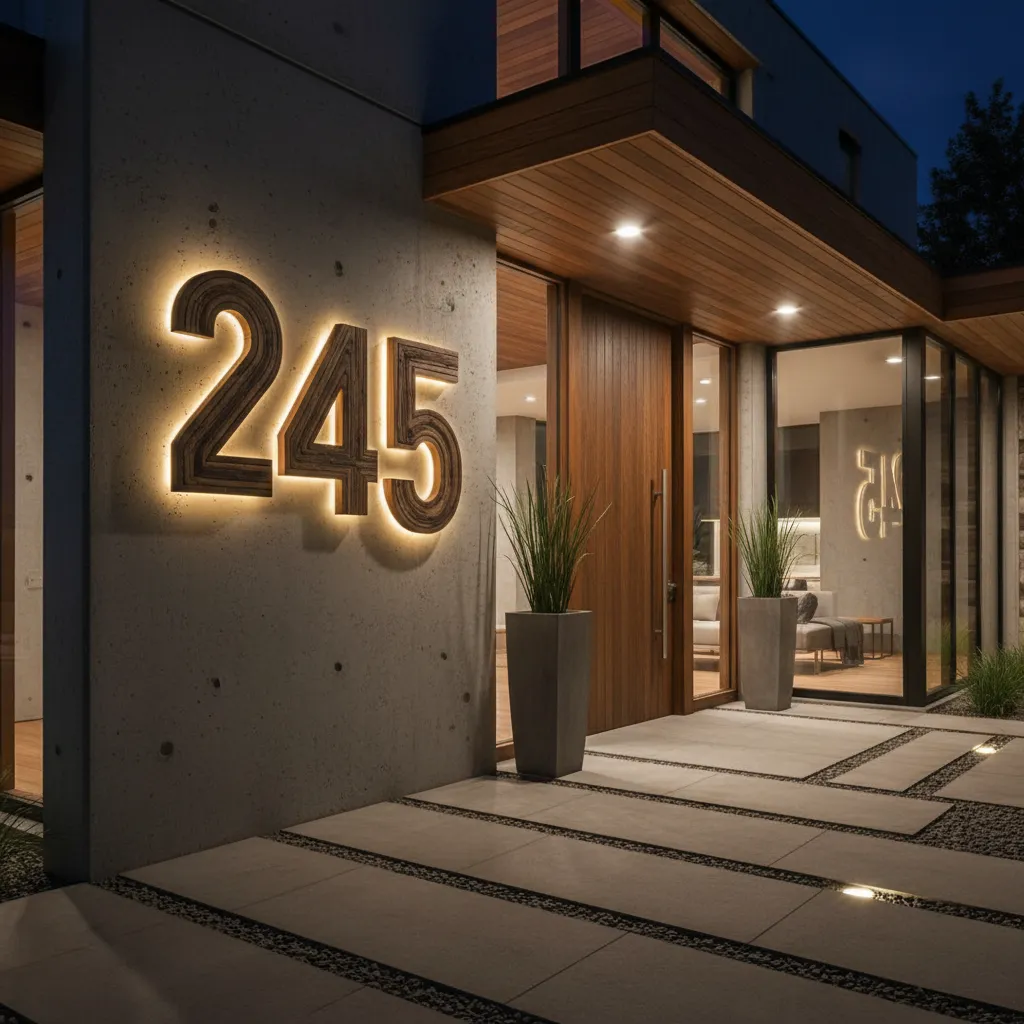 Números de casa de madera con iluminación LED indirecta