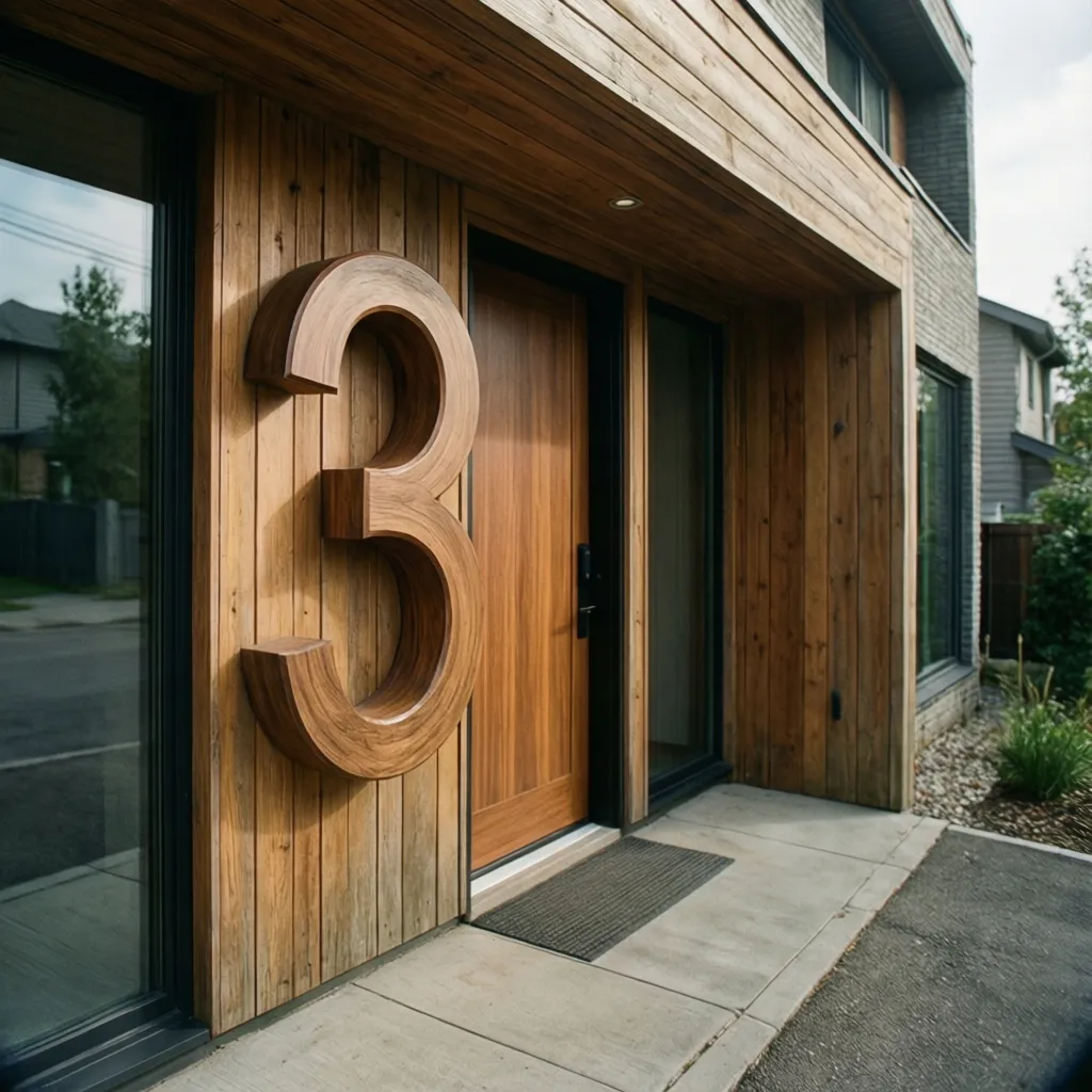 Números de casa grandes de madera visibles desde la calle