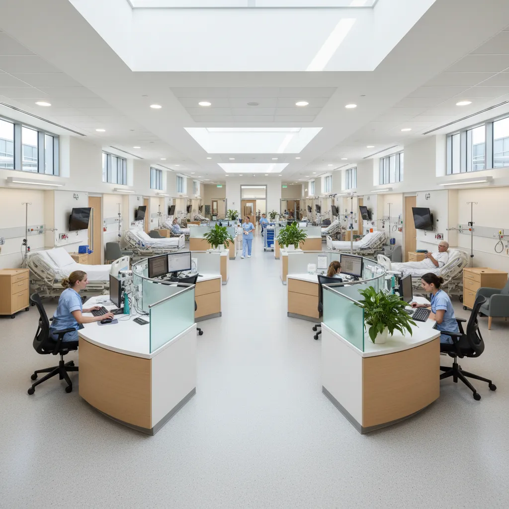 Modern hospital ward with central nurse station desks and patient beds under a large ceiling