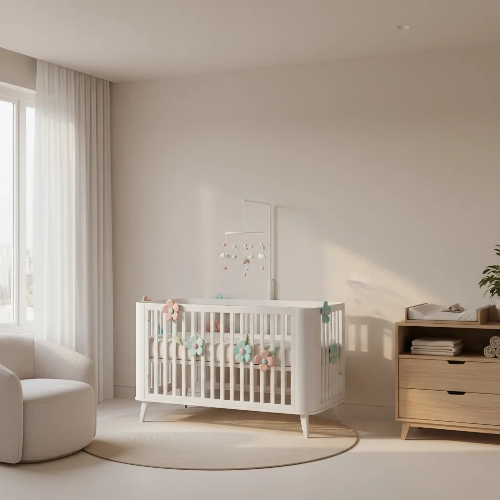 nursery crib decorated with subtle flower accents for baby welcome