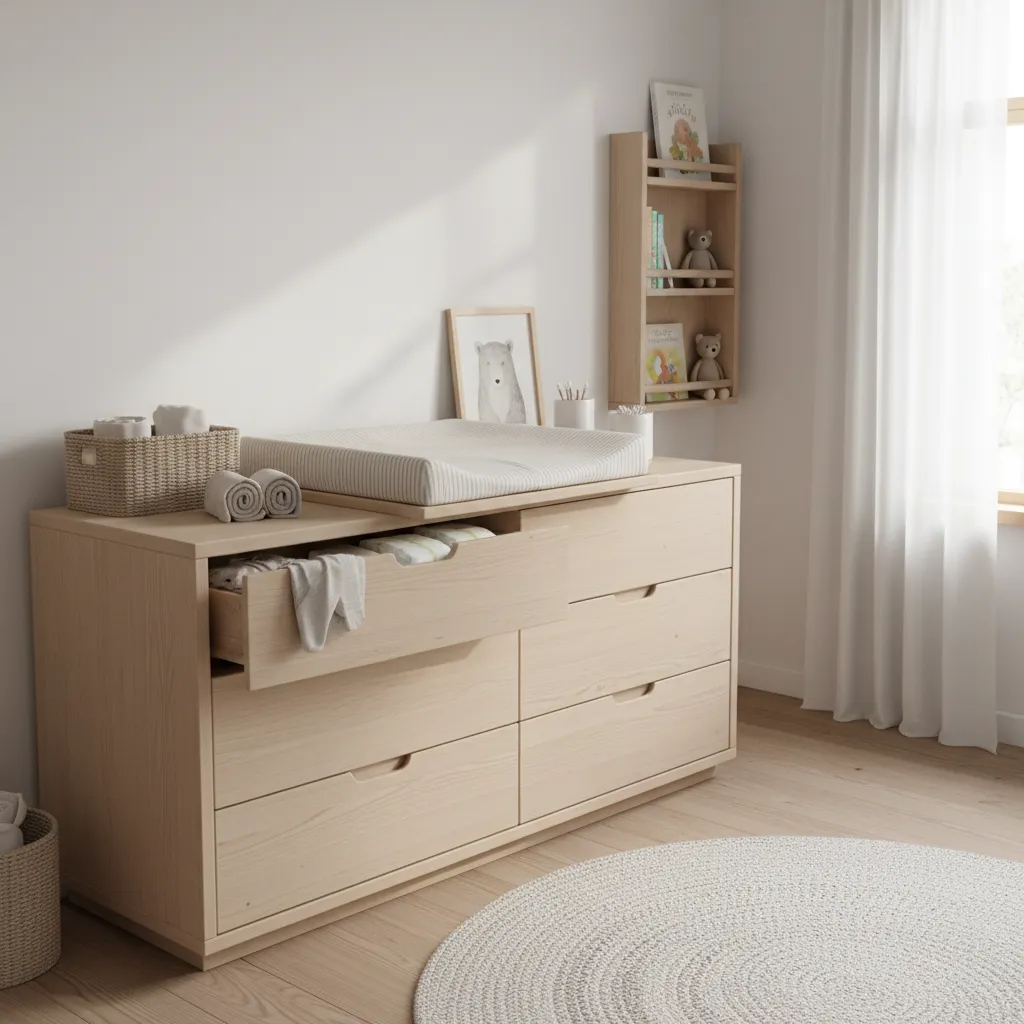 Nursery dresser used as changing table with storage