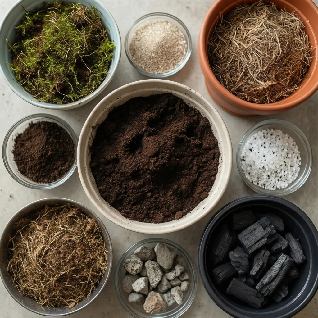 Common nursery potting mix ingredients arranged on table