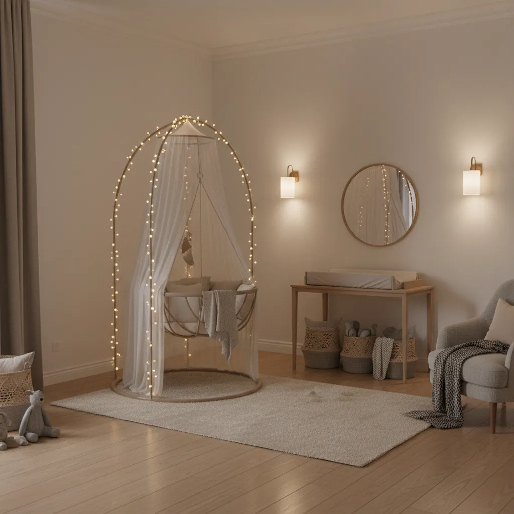 Baby palna with warm fairy lights and soft nursery lighting
