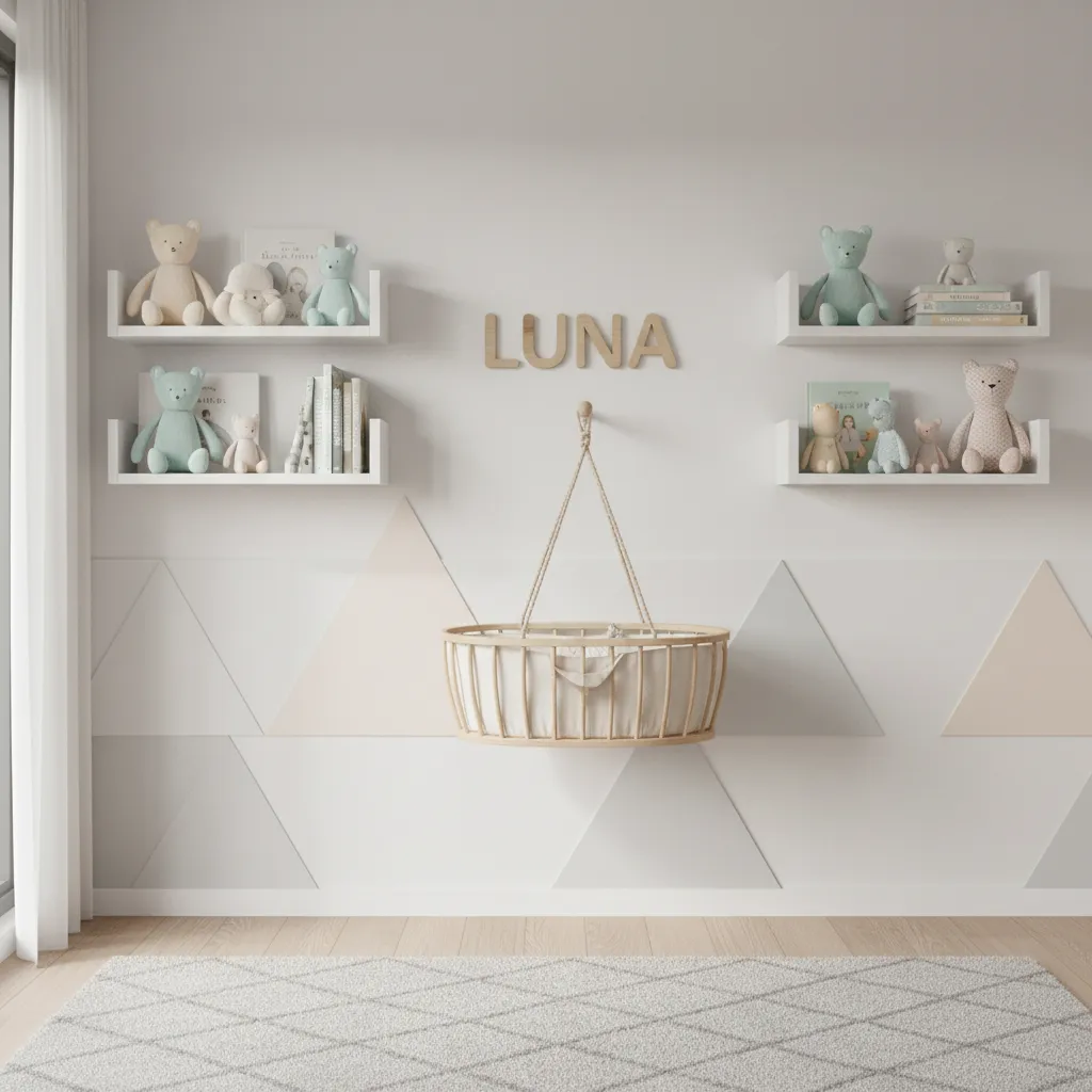 Nursery wall decor above baby palna with wooden name sign and shelves