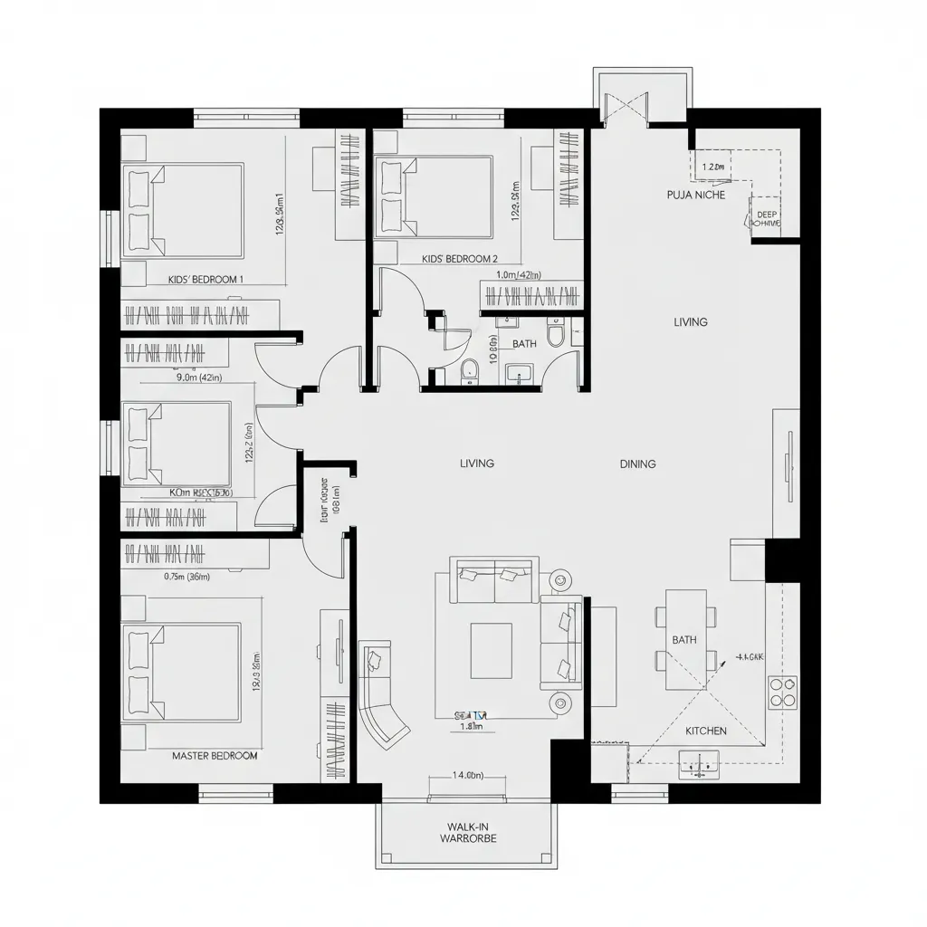 Top-down CAD plan with NW children’s wing, SW master, and NE puja niche