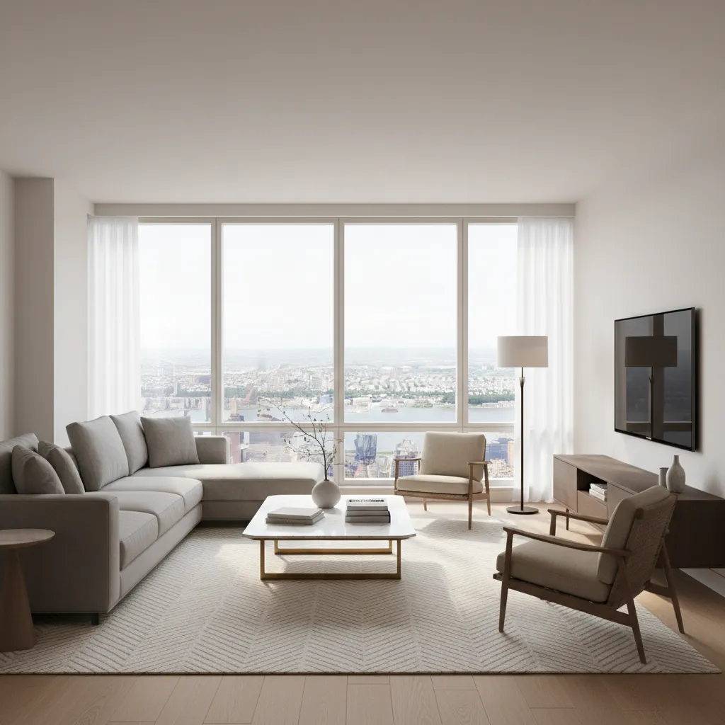 Modern living room with grey sofa and large windows overlooking city skyline and river during daytime