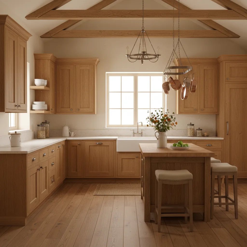 Country kitchen with oak wood cabinets wooden island with stools exposed beams and ceiling light
