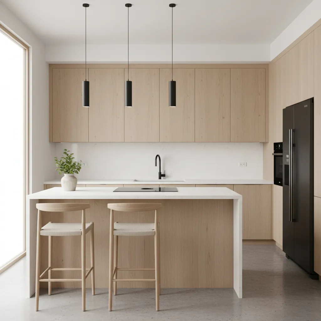 light oak kitchen cabinets with white countertops and black fixtures
