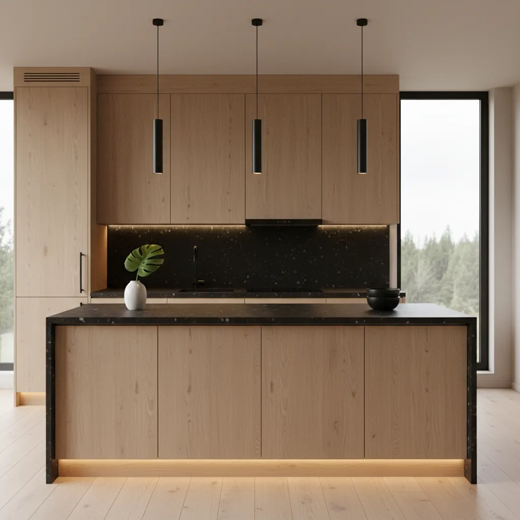 Natural oak kitchen cabinets with black granite countertops
