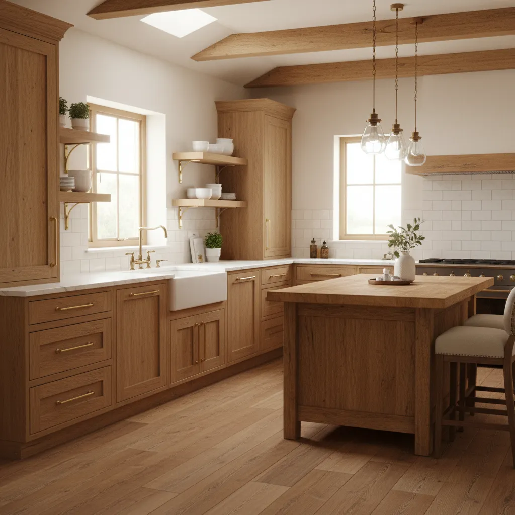country kitchen with modern oak cabinets white countertops and brass hardware