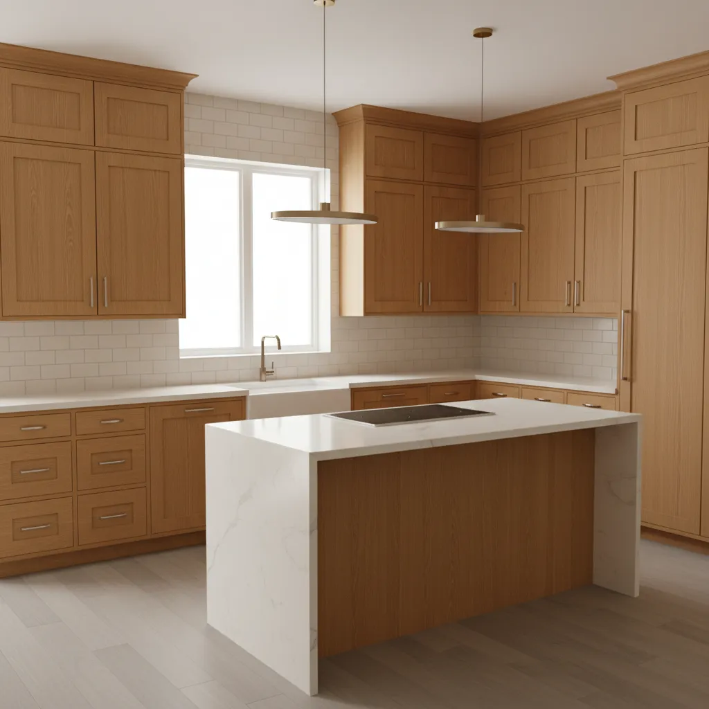 Oak kitchen cabinets with neutral backsplash and quartz countertop