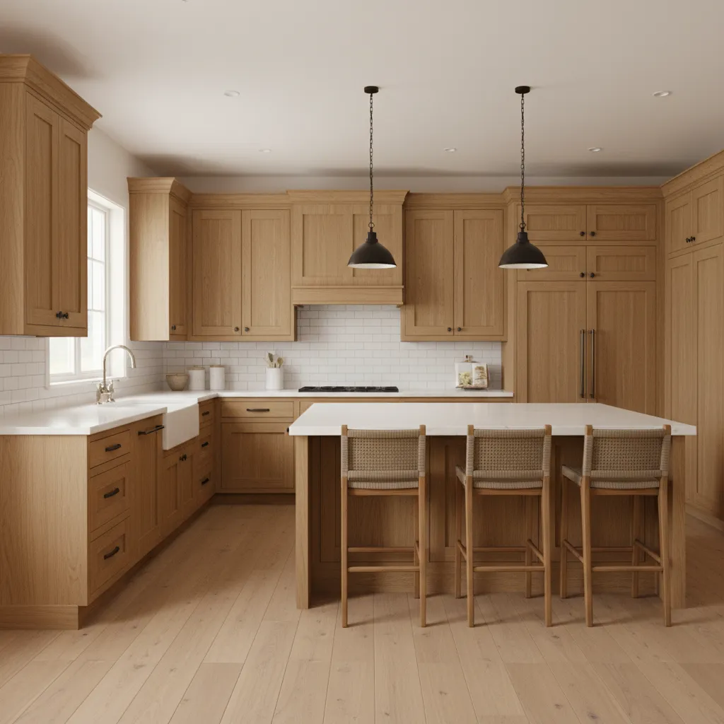 Oak cabinets paired with white subway tile backsplash and light countertops