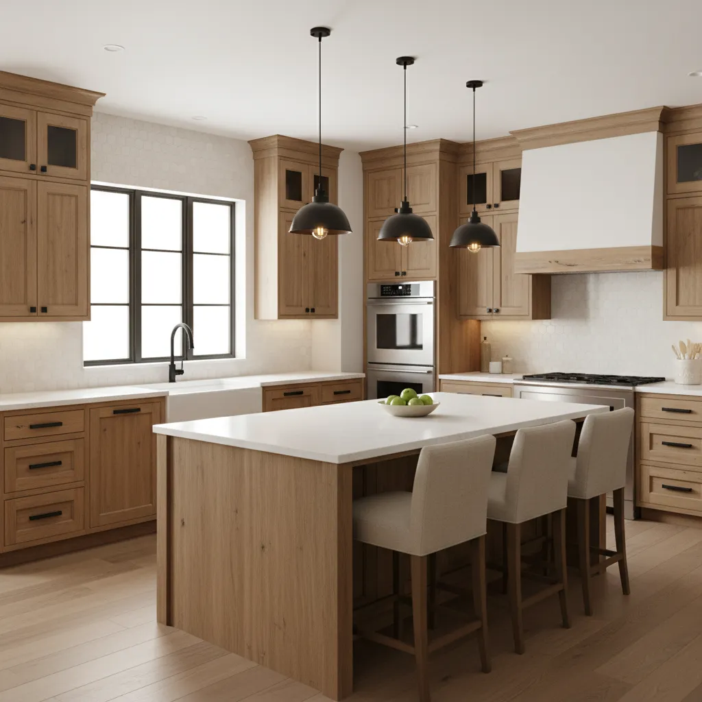 Kitchen design combining oak cabinets with quartz countertop and black fixtures