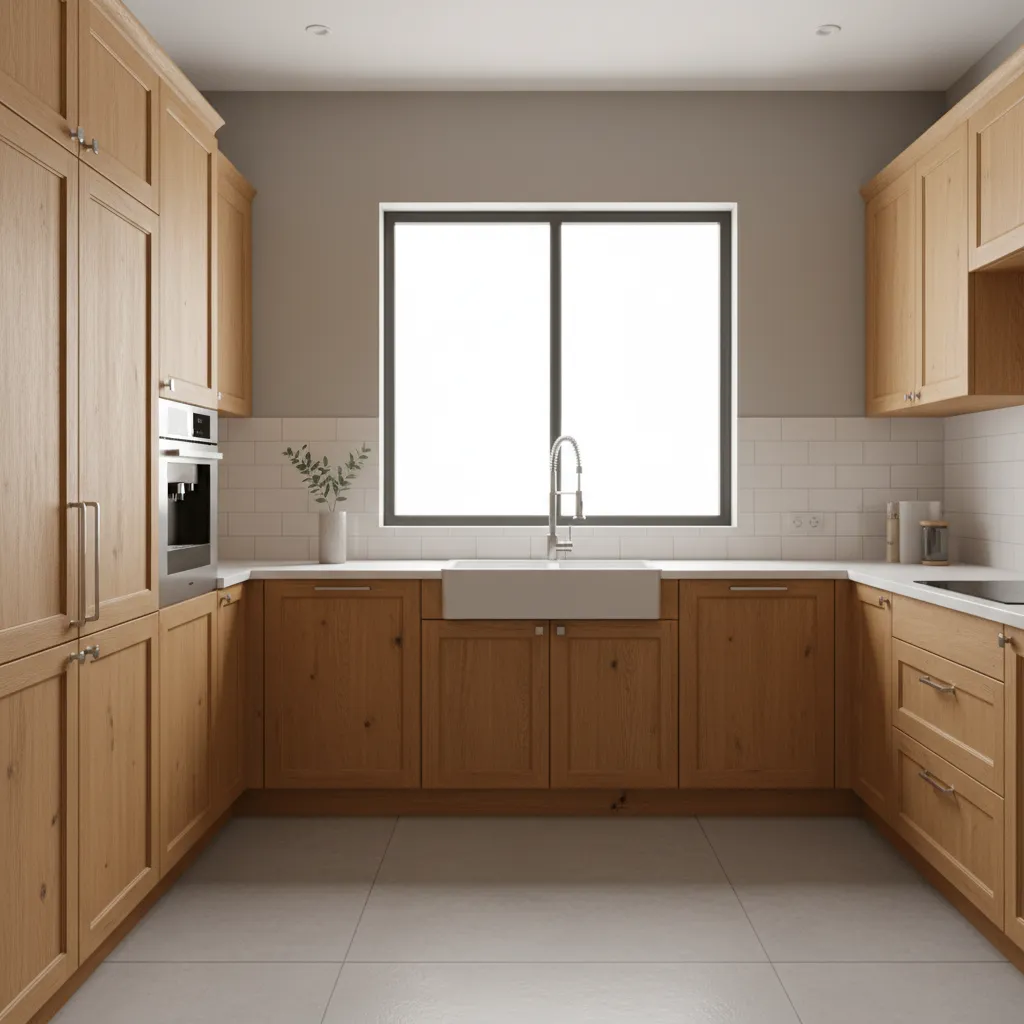 Modern kitchen with light wood cabinets white countertops tile backsplash large window and black oven
