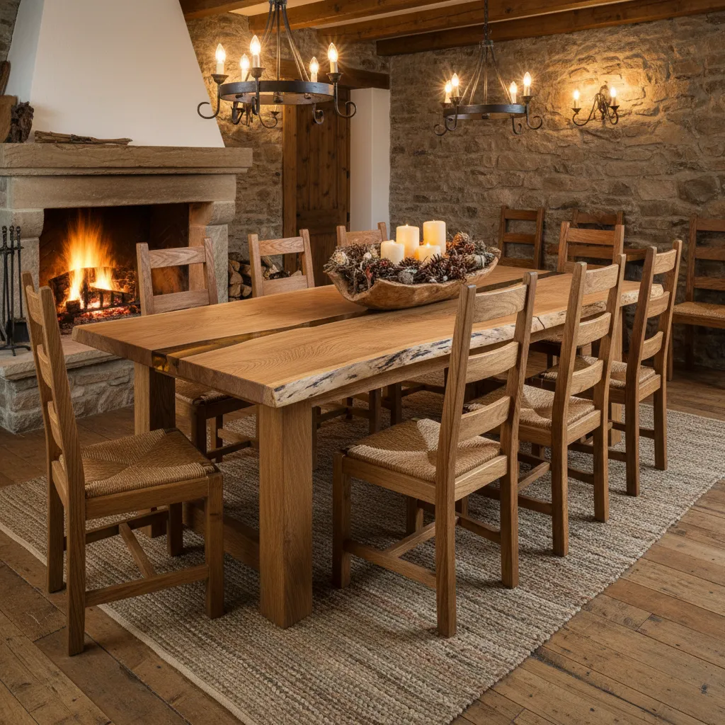 Solid oak dining table with thick legs in rustic dining room