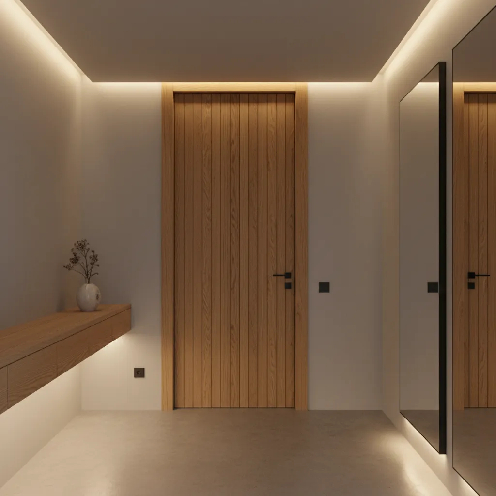 Puerta de roble con ranuras verticales en interior moderno