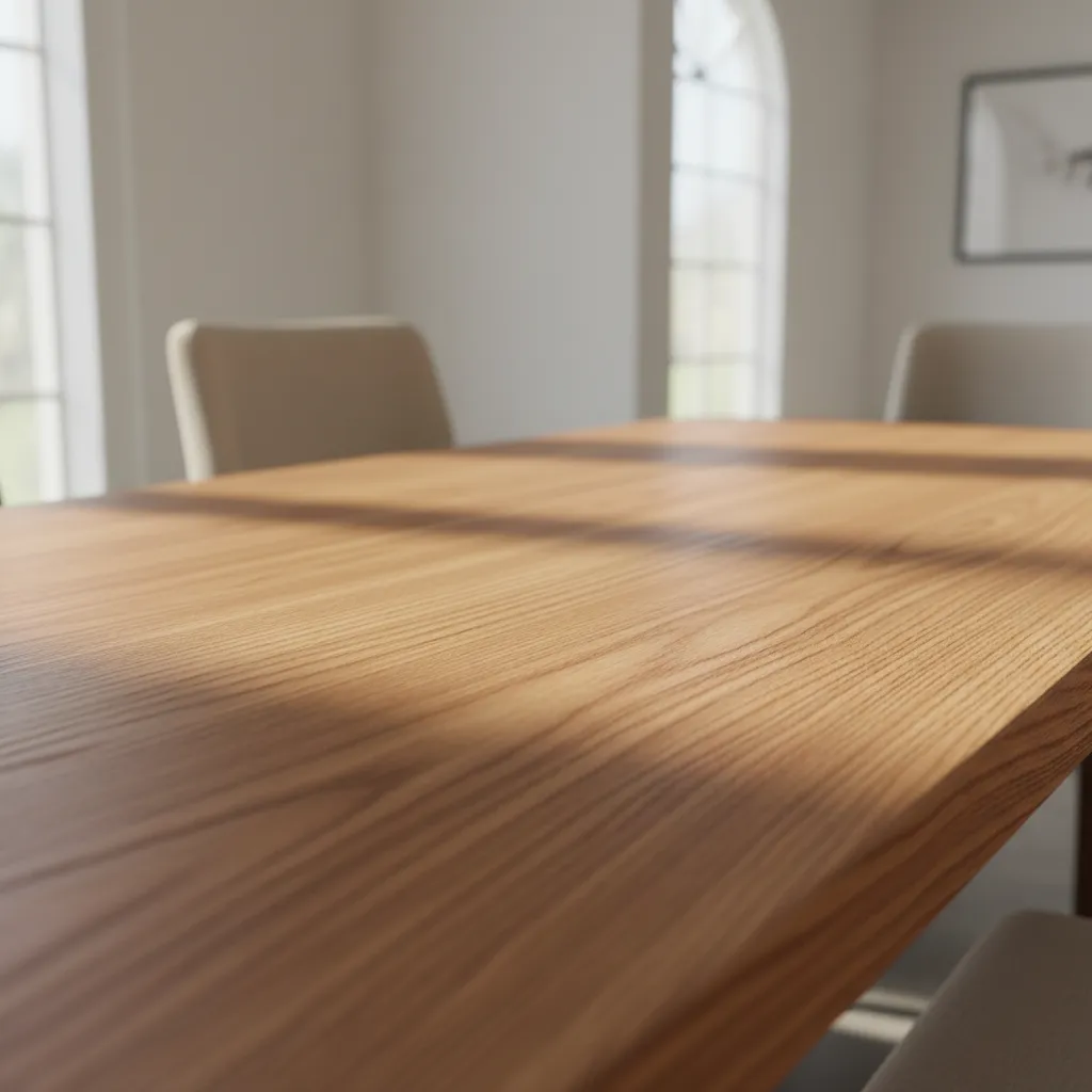 Close view of oak farmhouse dining table showing cathedral grain pattern