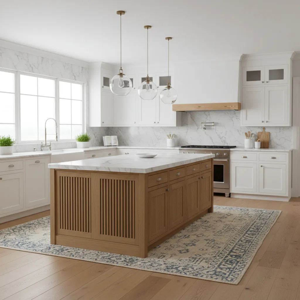 Kitchen layout featuring oak cabinet island and white perimeter cabinets