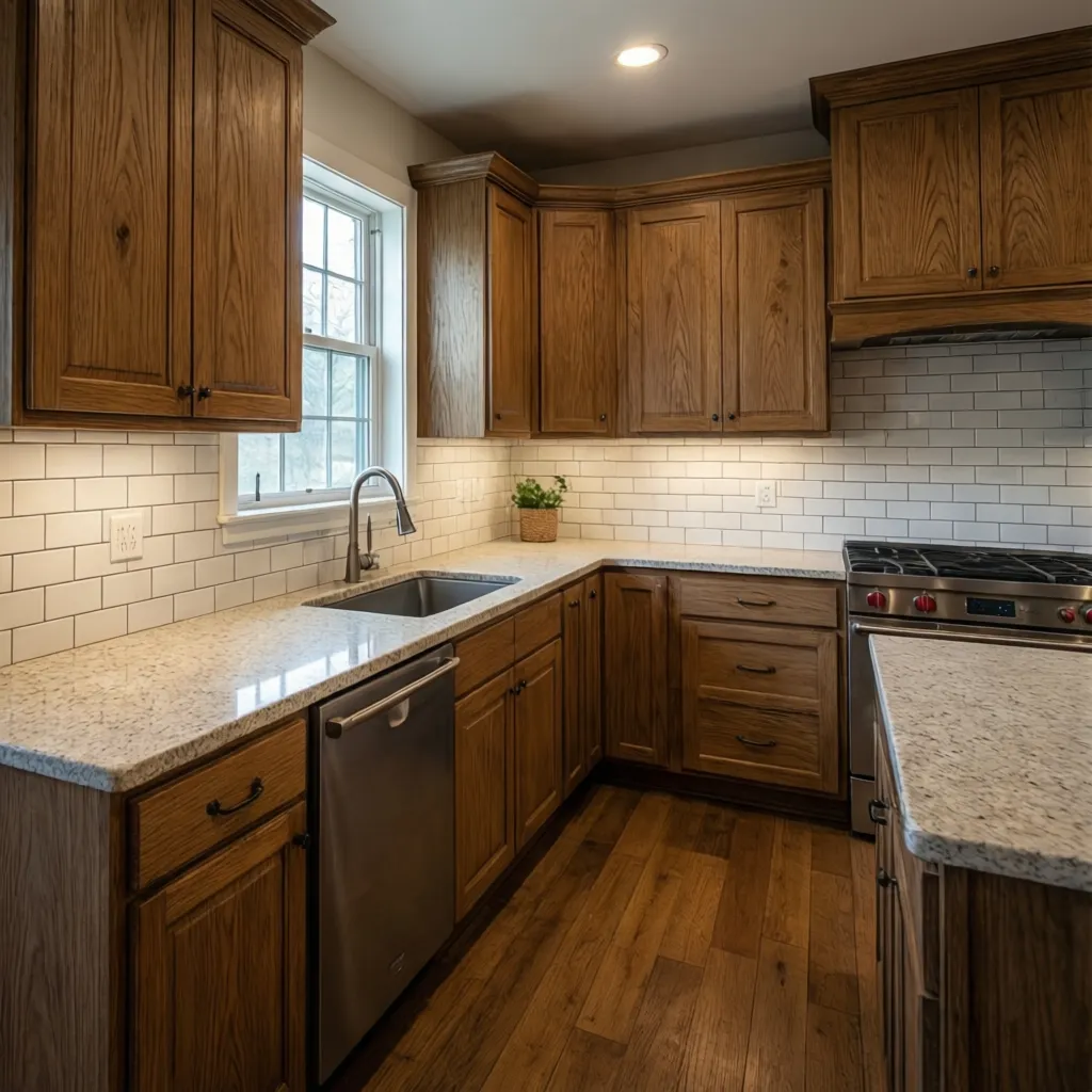 Kitchen corner with oak wood cabinets white wall tiles granite countertop stainless steel sink stove