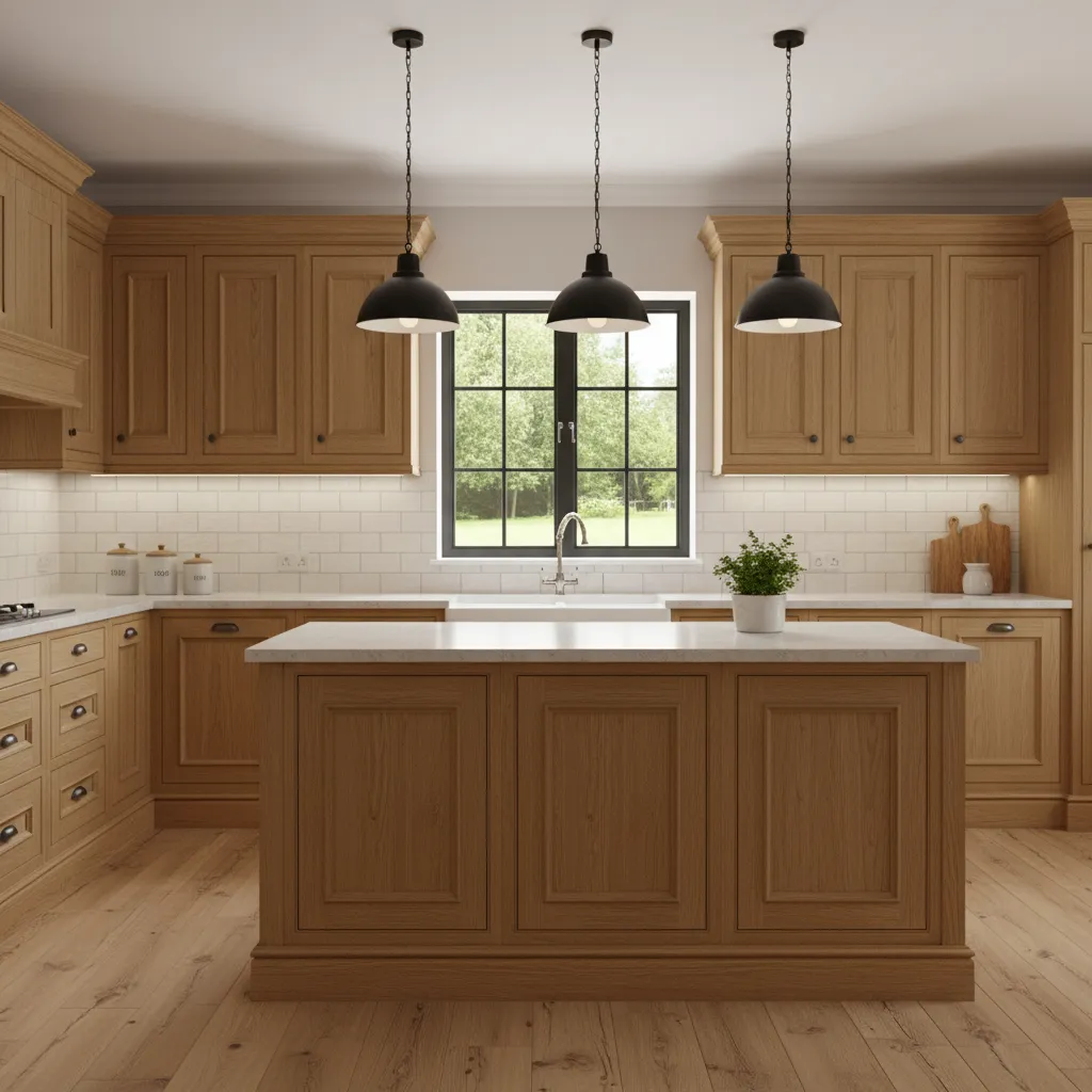 Oak cabinet kitchen with bright under cabinet LED lighting illuminating countertops