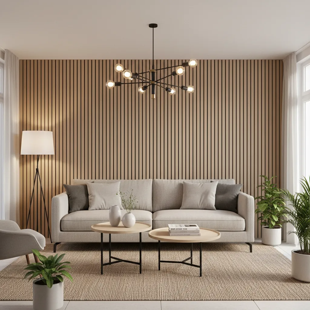 Modern living room with oak slat feature wall and neutral sofa