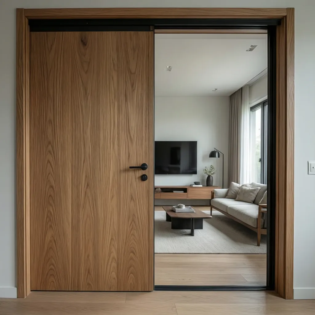 Puerta corredera de roble en un interior moderno