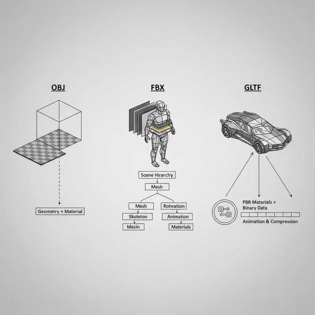 diagram style visualization comparing OBJ FBX and GLTF structure in 3D model files