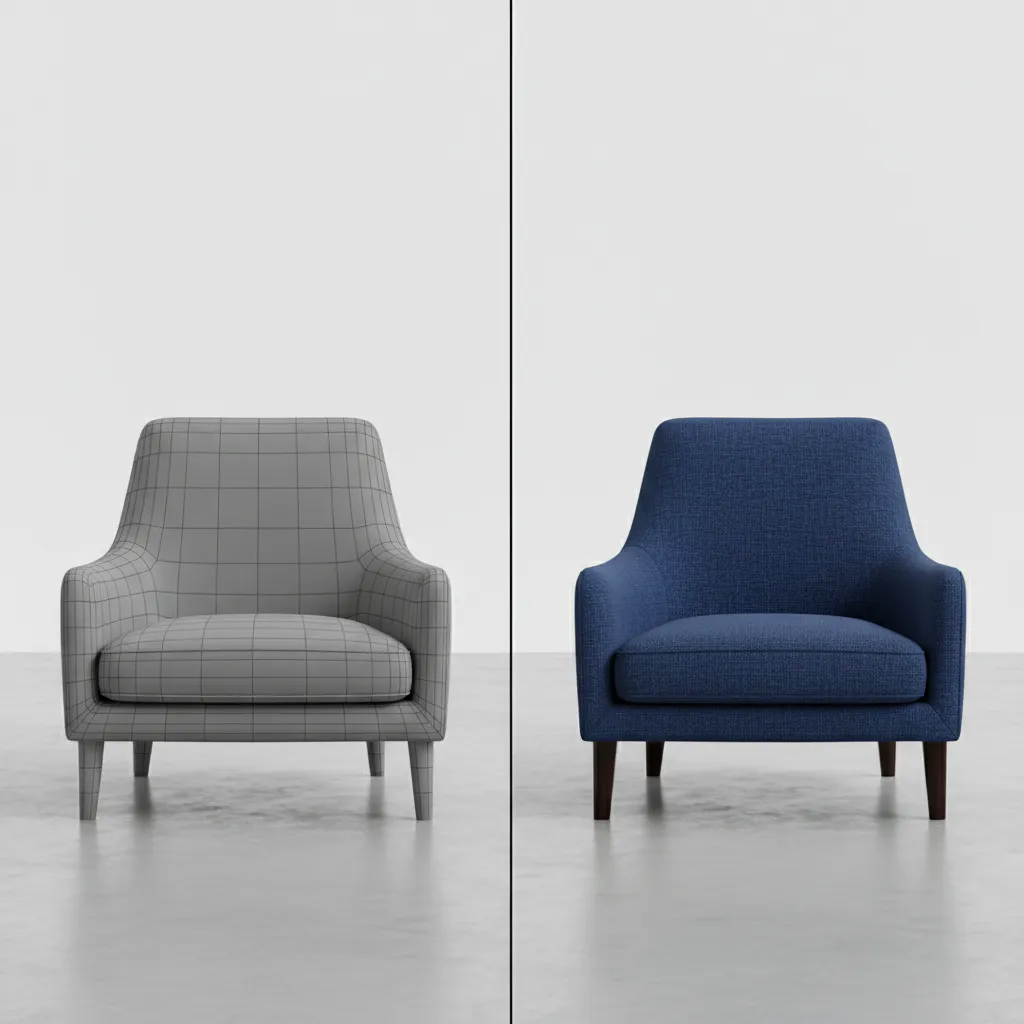 comparison of 3D model rendered with textures versus gray model without MTL materials
