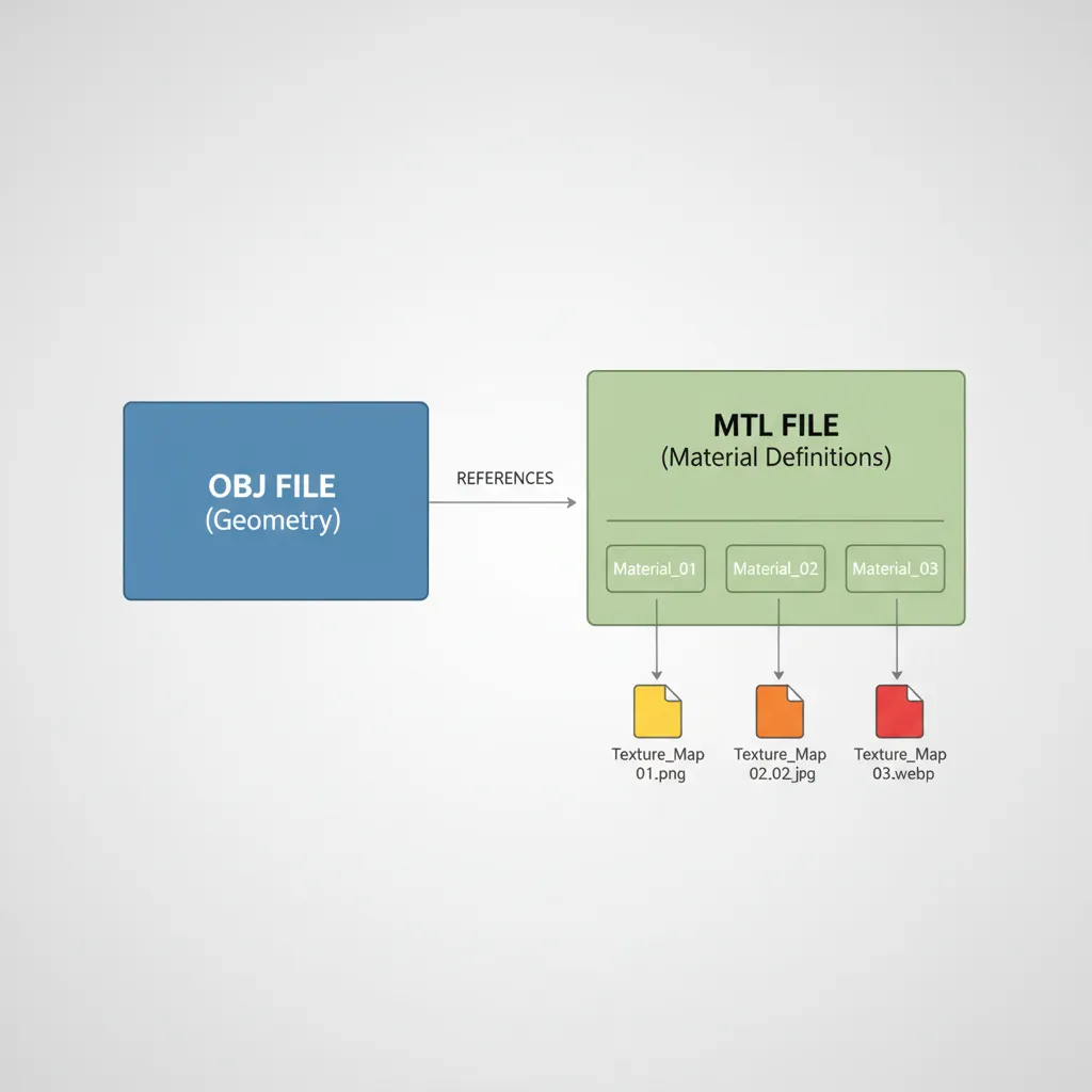 diagram showing relationship between OBJ file, MTL file and texture images